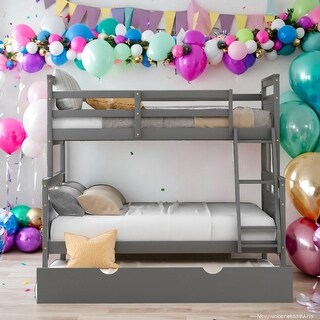 Twin over Full Bunk Bed With Ladder,Twin Size Trundle,Safety Guardrail