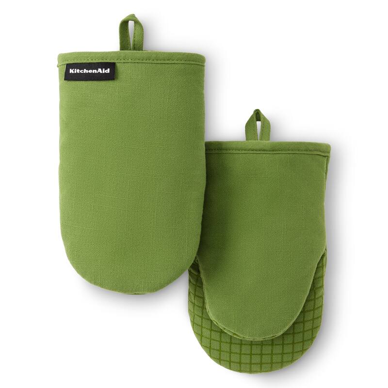 KITCHENAID Gourmet Series Gridlines Mini Oven Mitts 2-Pack Set, Heat Resistant up to 600°F, Soft Silicone Grip, Magnetic Cuff - Matcha Green