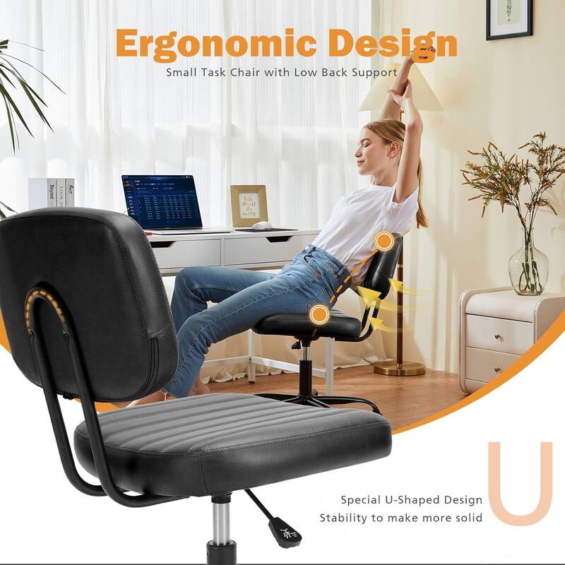 Small Office Computer Desk Chair with Wheels and Lumbar Support, Comfy Cute Armlees PU Leather Vanity Rolling Swuvel Task Chair
