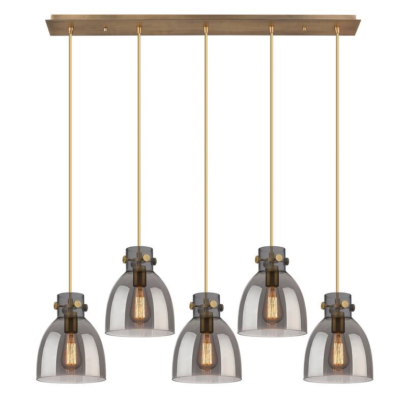 Innovations Lighting Newton Bell - 5 Light 8" Cord Hung Linear Pendant - Brushed Brass/Light Smoke