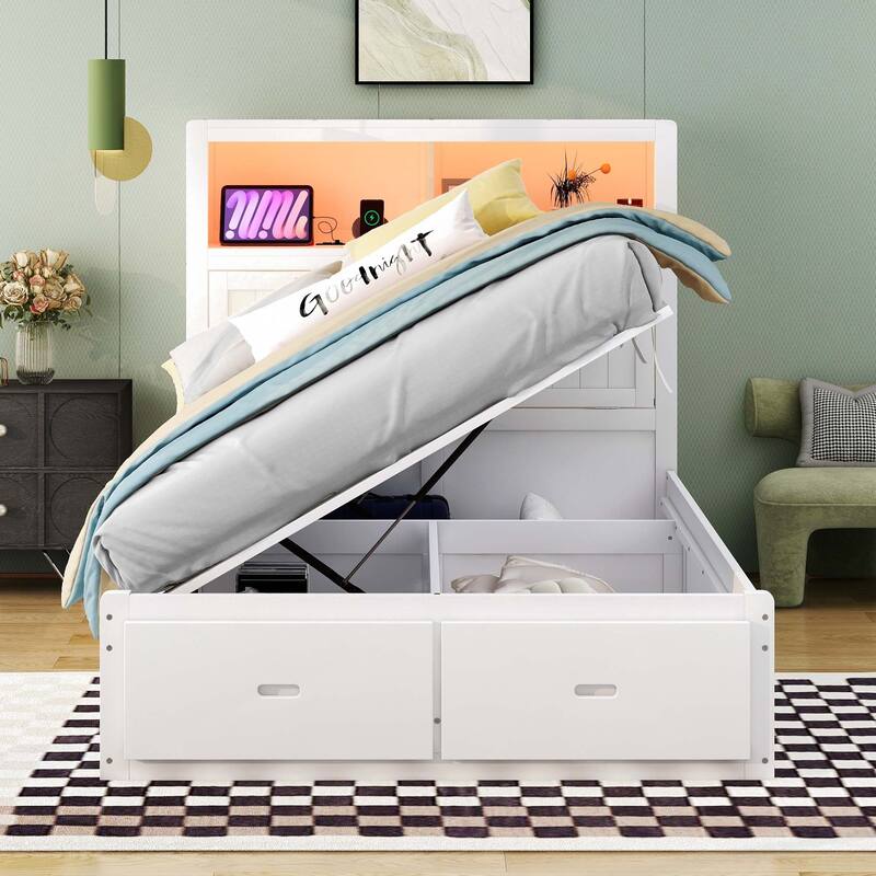 Hydraulic Platform Bed with Storage LED Headboard, Charging Station and 2 Drawers
