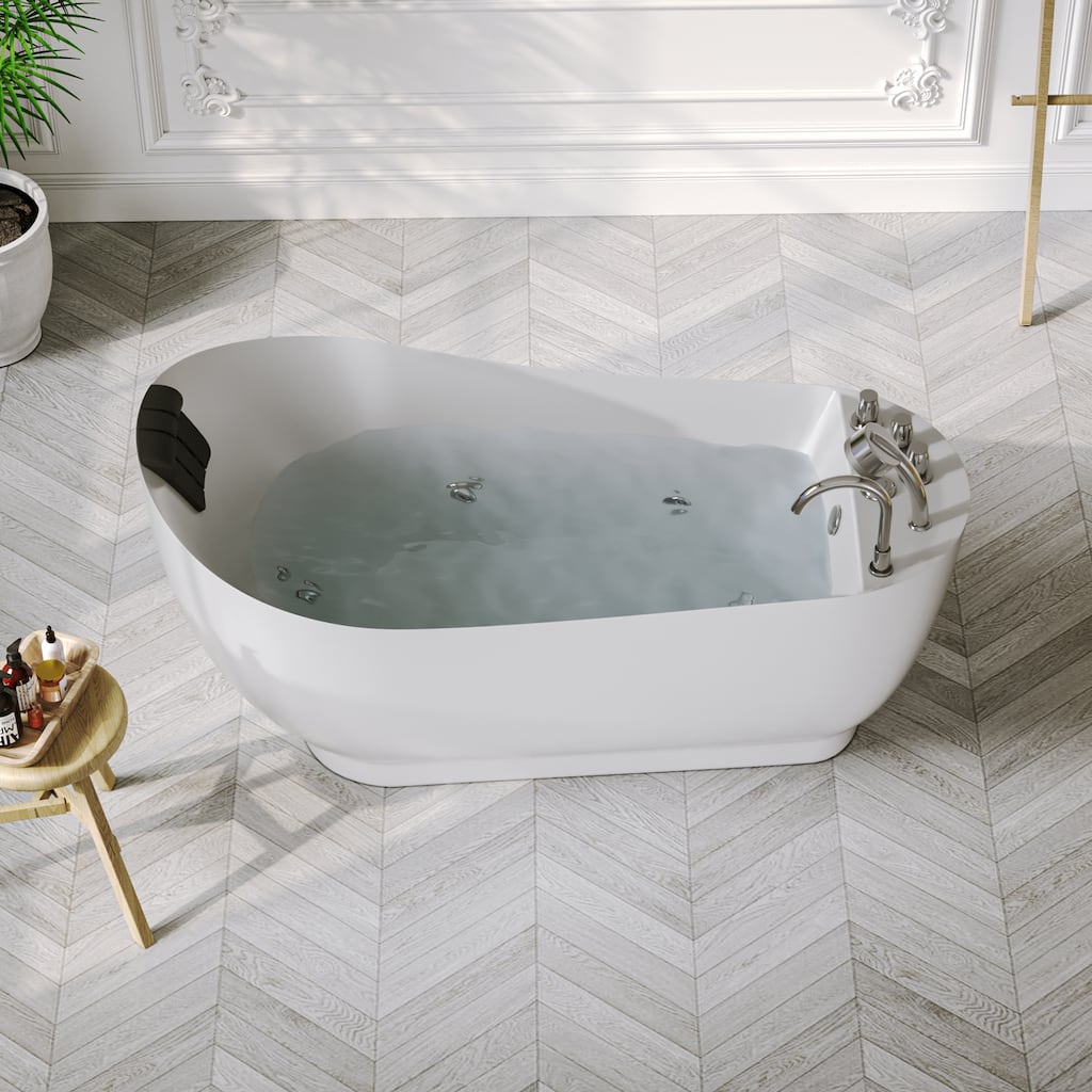 59 in. x 29.5 in. Right Drain Freestanding Whirlpool Bathtub Hydrotherapy Jetted Soaking Bath Tub - Tub filler in White