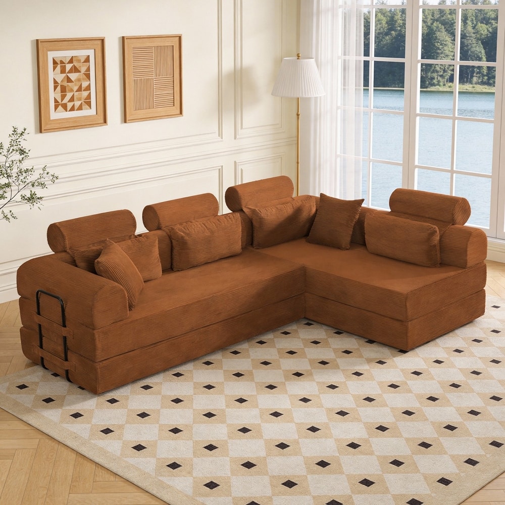 106.3" L-Shaped Corduroy Sectional Sofa with Pillows, No Assembly Required