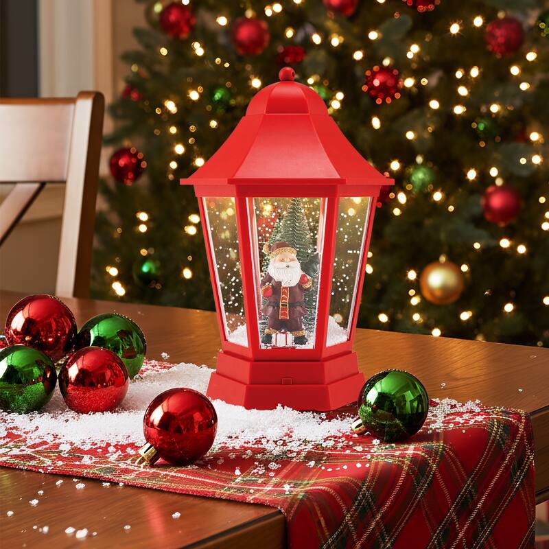 Red Musical Christmas Street Lamp with LED Lights and Snow Globe Scene for Santa or Snowman Decor - 12.5" x 12.5" x 64"