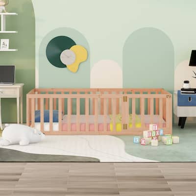 Twin Size Wood Floor Bed Frame with Fence and Door