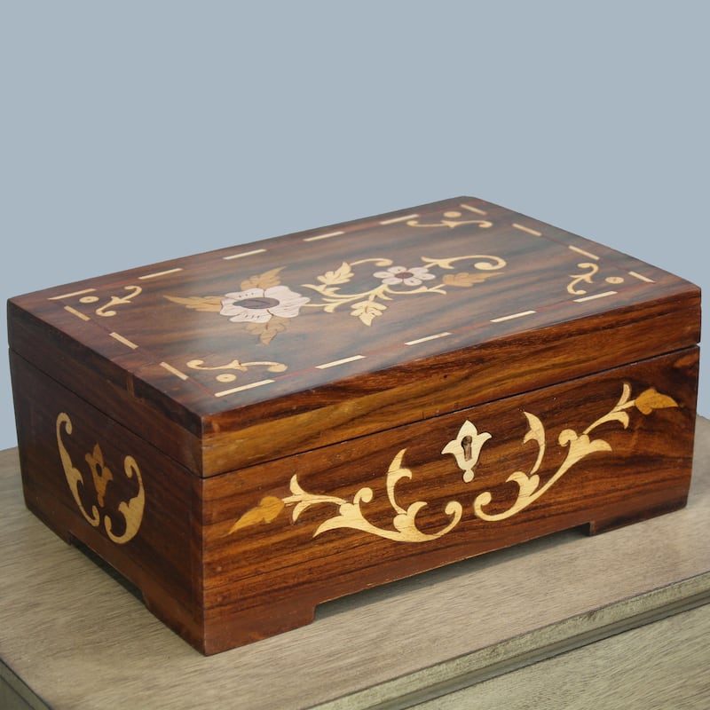 Natural Geo Handmade Rosewood Floral Wooden Decorative Box with Key