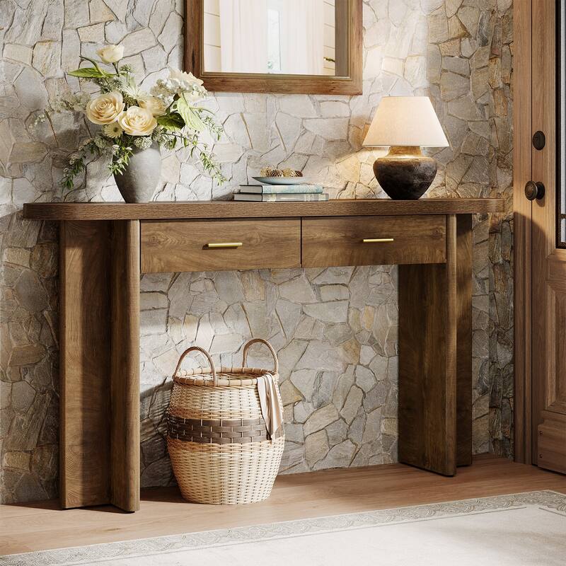 63-Inch Console Table with 2 Drawers, Farmhouse Curved Entryway Table - Brown