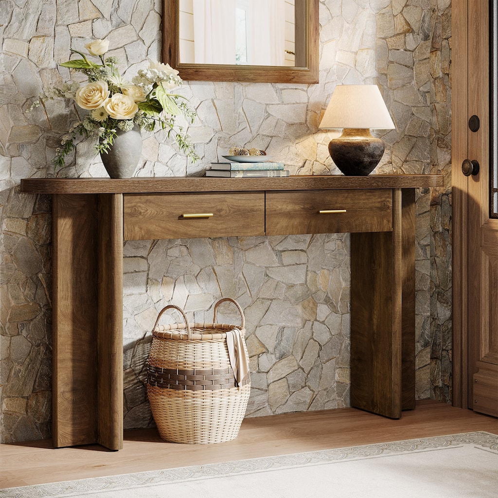 63-Inch Console Table with 2 Drawers, Farmhouse Curved Entryway Table