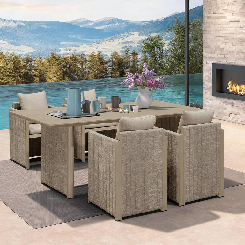 PURPLE LEAF Sanori Patio Dining Set Modern Large Weather-Resistant Table and Aluminum Chairs Beige for Garden Backyard Kitchen - 5-Piece Rectangle