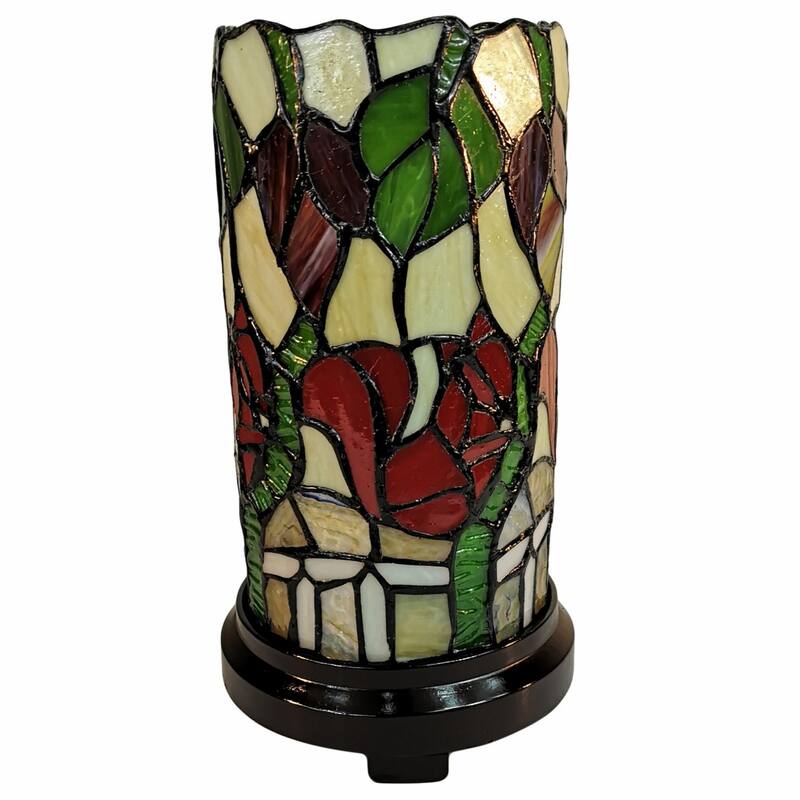 Multicolor Resin Table Lamp with Red Stained Glass Floral Shade - 6” x 6” x 10.5” (D x W x H)