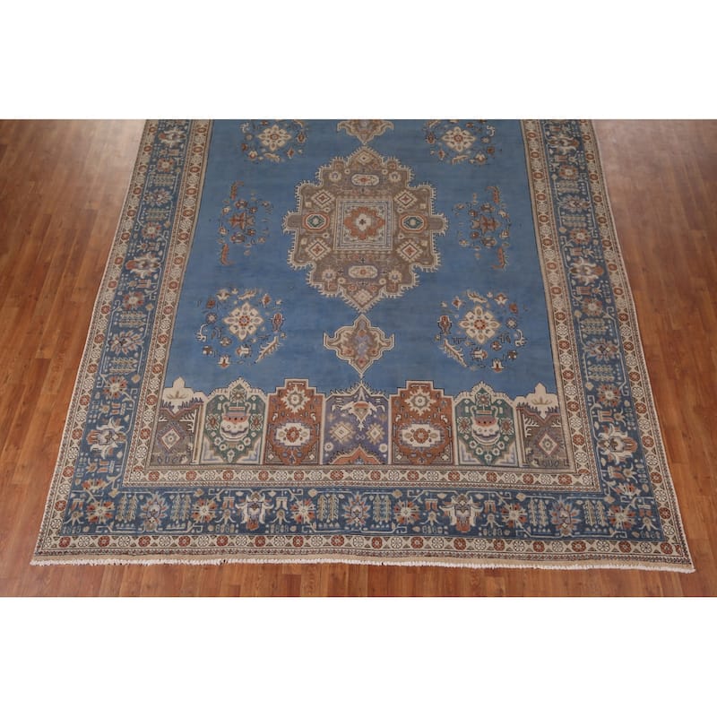 Blue Geometric Tabriz Persian Vintage Rug Hand-Knotted Wool Carpet - 9'6" x 13'1"