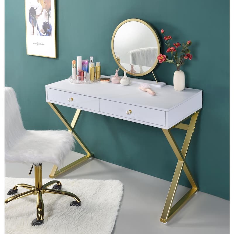 Rectangular Vanity Desk with Mirror and Jewelry Tray - White