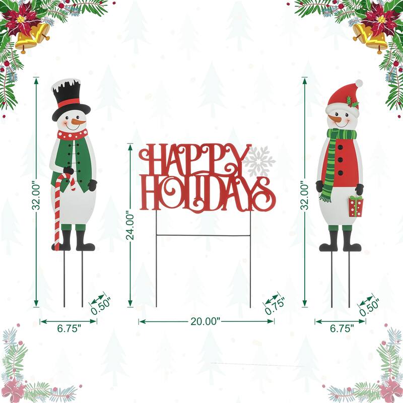 Glitzhome Metal Nutcracker with MERRY CHRISTMAS or Snowman with HAPPY HOLIDAYS Yard Stakes Wall Decor(Set of 3 )