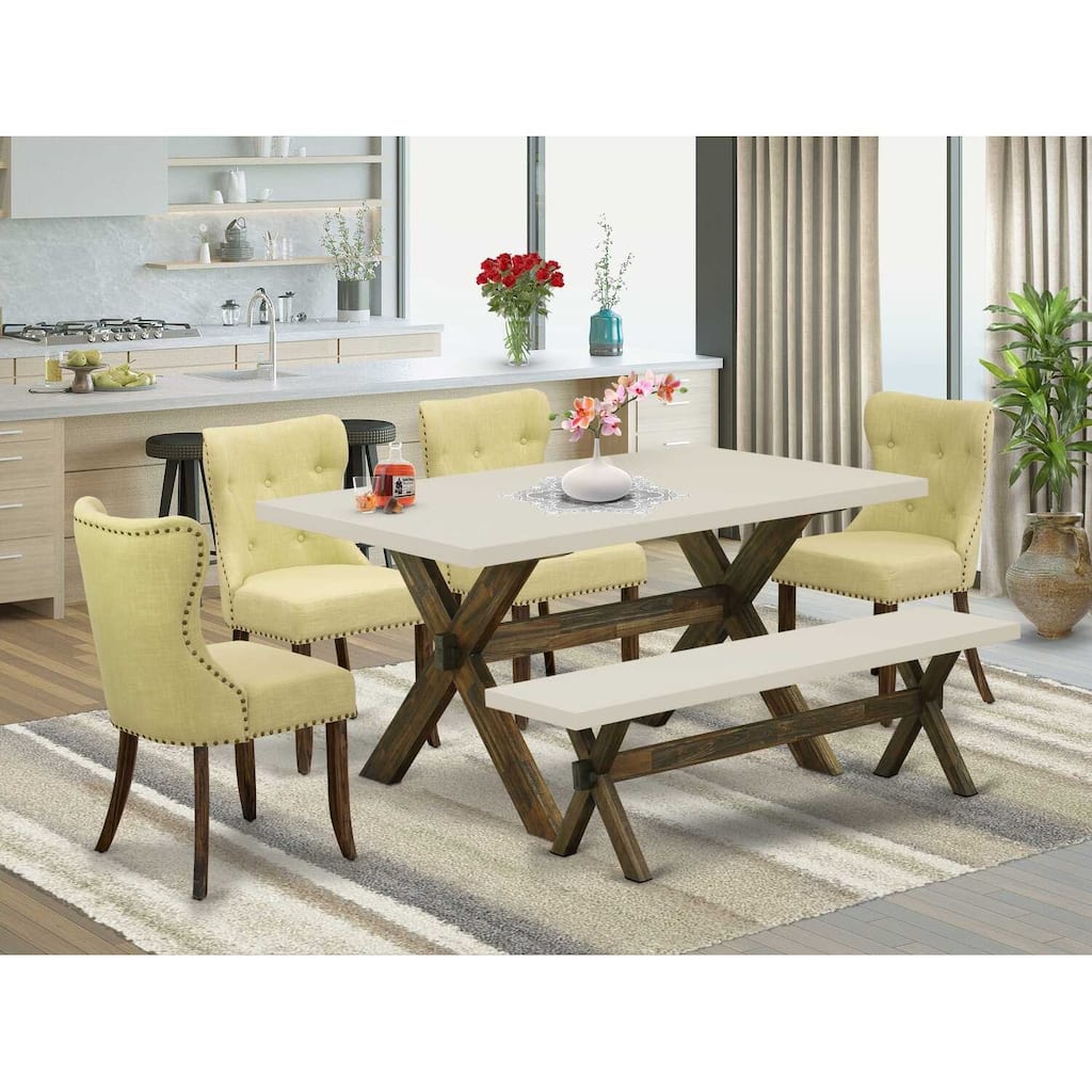 HomeStock 6-Piece Rectangle Distressed Jacobean Finish Solid Wood Top Dining Table with 1-Bench, 4-Chairs
