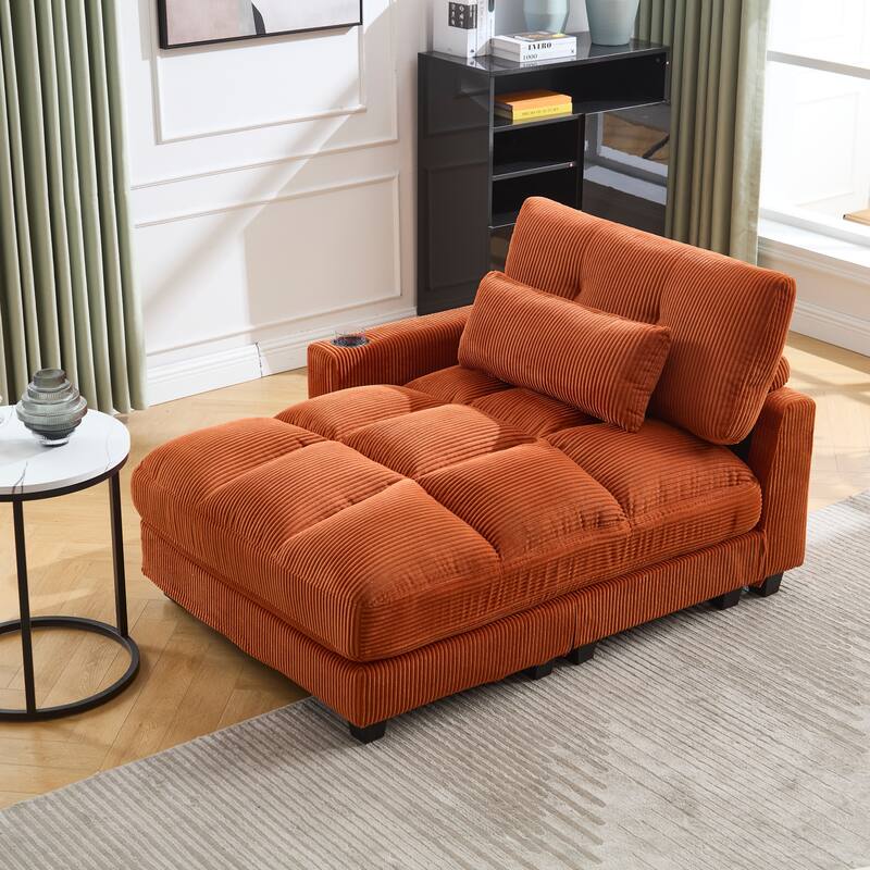 Oversized Corduroy Upholstered Single Chaise Lounge Sofa Couch Switchable Armrest with Cup Holders, USB Ports and Pockets