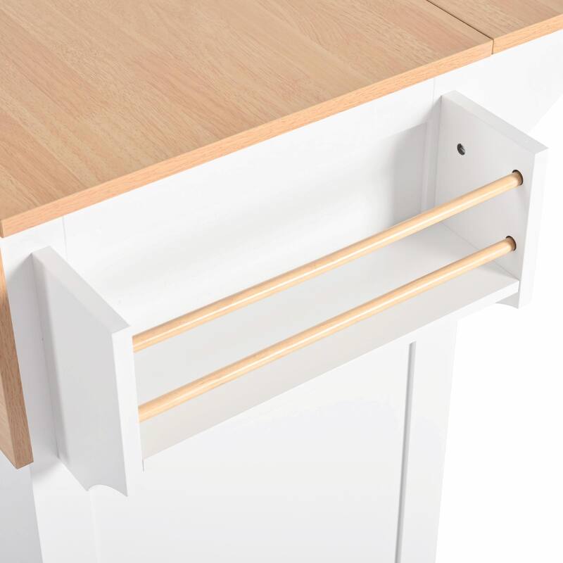 55.7" Kitchen Island with Drop Leaves, Rolling Cart with Power Outlet, Spice Rack, and 3 Drawers