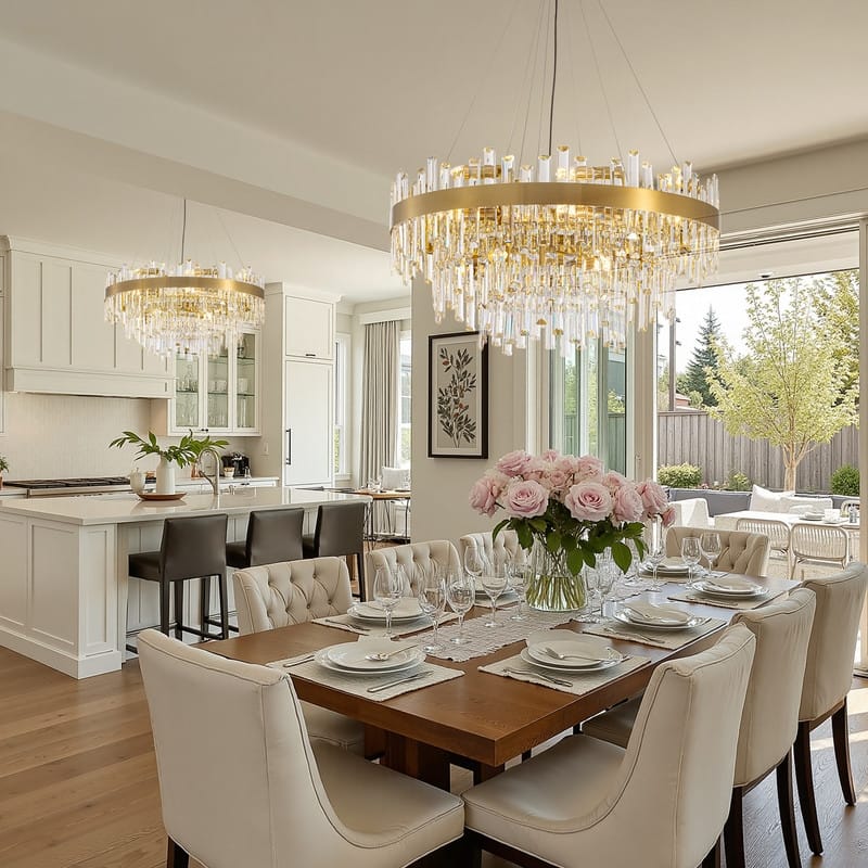 32 in. 4-Tier Modern Crystal Chandelier Brass Gold Round Crystal Raindrop Chandelier Contemporary Pendant Light for Dining Room