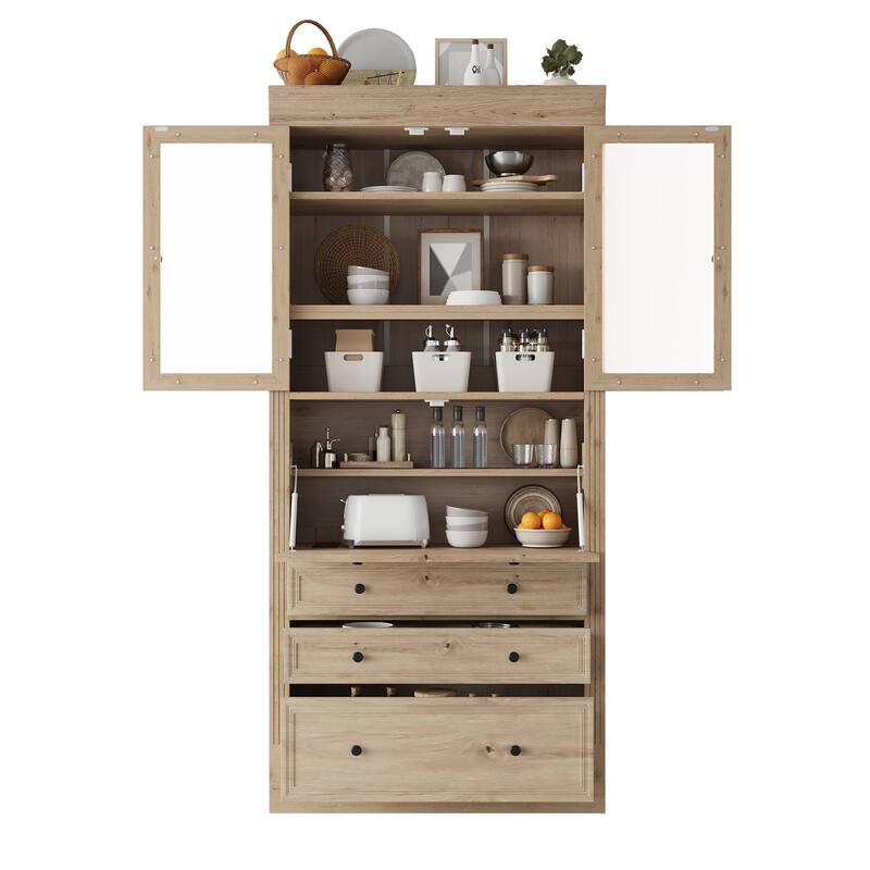 Roomfitters 78 Inch Tall Kitchen Pantry Storage Cabinet with Power Outlet and Drop-Down Surface