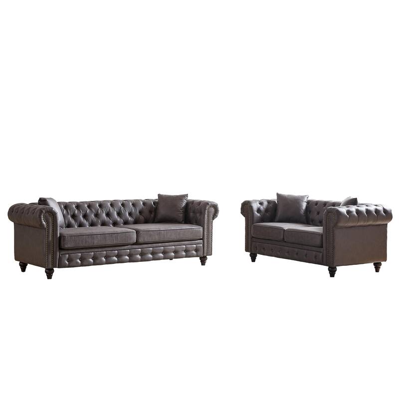 Loveseat Sofa +3 Seater Sofa Set of 2, Button Tufted Chesterfield Couches, Tech Leather Fabric Upholstered Deep Seat Sofas