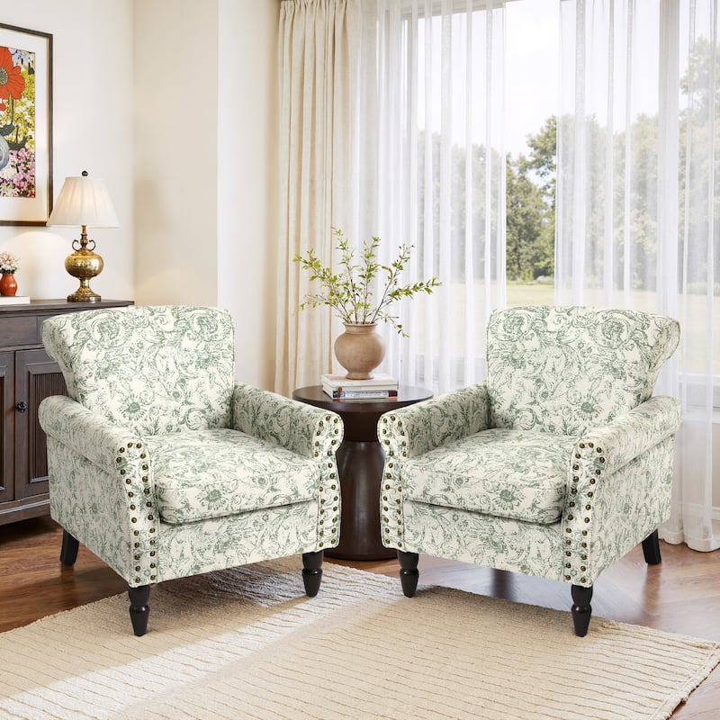 Mid-Century Modern Accent Chairs with Nailhead Trim - Linen - Rococo Green-2Set