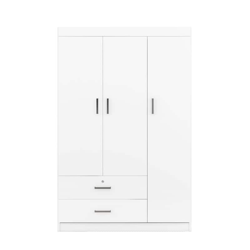 3-Door Bedroom Armoire Wardrobe with 2 Storage Drawers and Hanging Rod, Clothes Organizer Closet with Storage Shelves