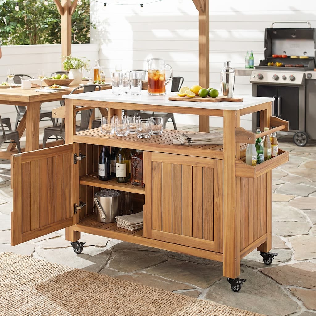 Christopher Knight Home - Murphy Outdoor/Indoor Acacia Wood Patio Bar Cart with Marble-Effect Top and Storage Cabinets