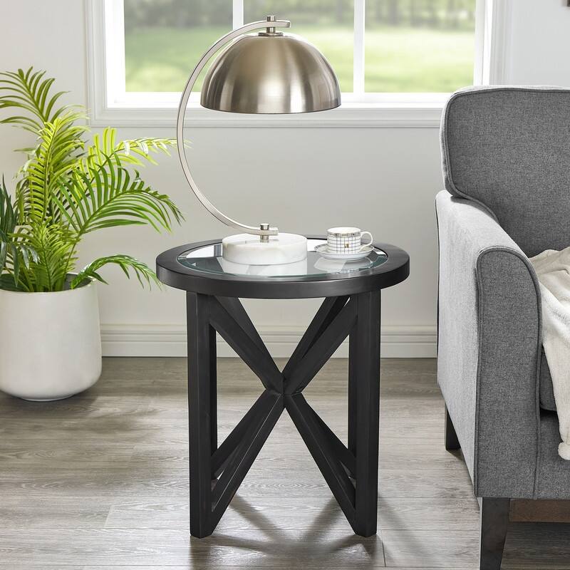 Modern Round Glass Coffee Table with Solid Wood Base - Tempered Glass Top for Living Room, Terrace, Study