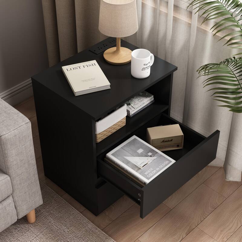 Nightstand with Charging Station, Sofa Side Table with Open Shelves & 2 Drawers, Large Capacity Wood Storage Cabinet