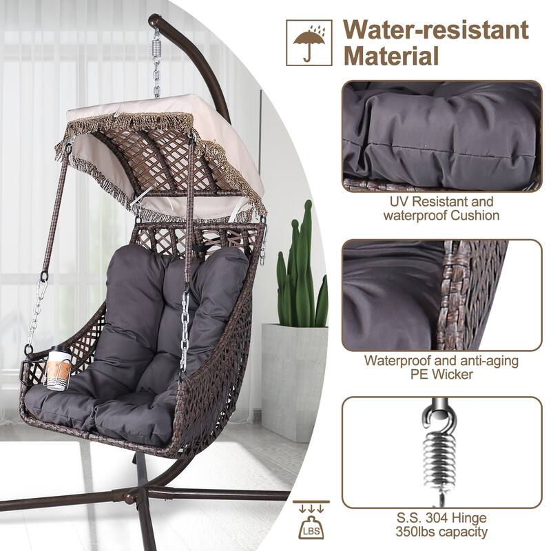 Swing Egg Chair with Stand Indoor Outdoor, Wicker Rattan Frame 350lbs