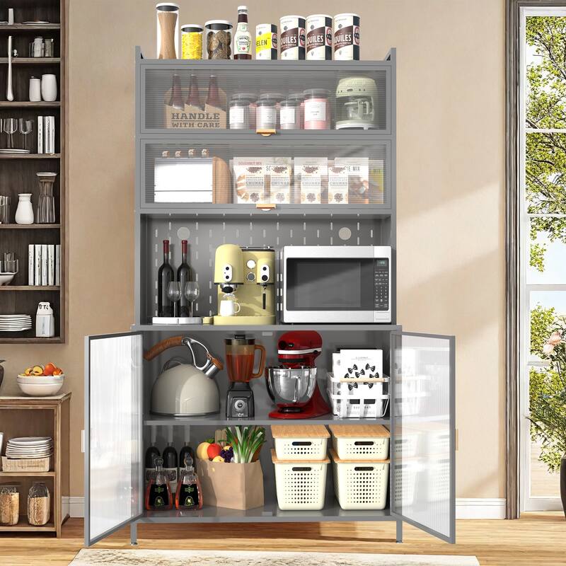 Anmytek 73'' Gray Metal Kitchen Pantry Cabinet with Shelves Enclosed Storage for Kitchen, Dining Room
