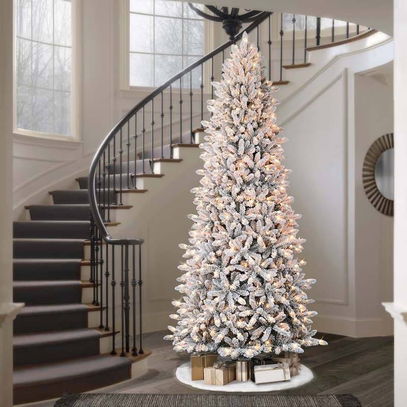 Puleo International 9' Pre-Lit Slim Flocked Fraser Fir Artificial Christmas Tree - 9