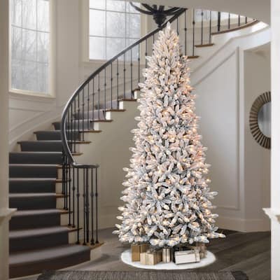Puleo International 9' Pre-Lit Slim Flocked Fraser Fir Artificial Christmas Tree - 9