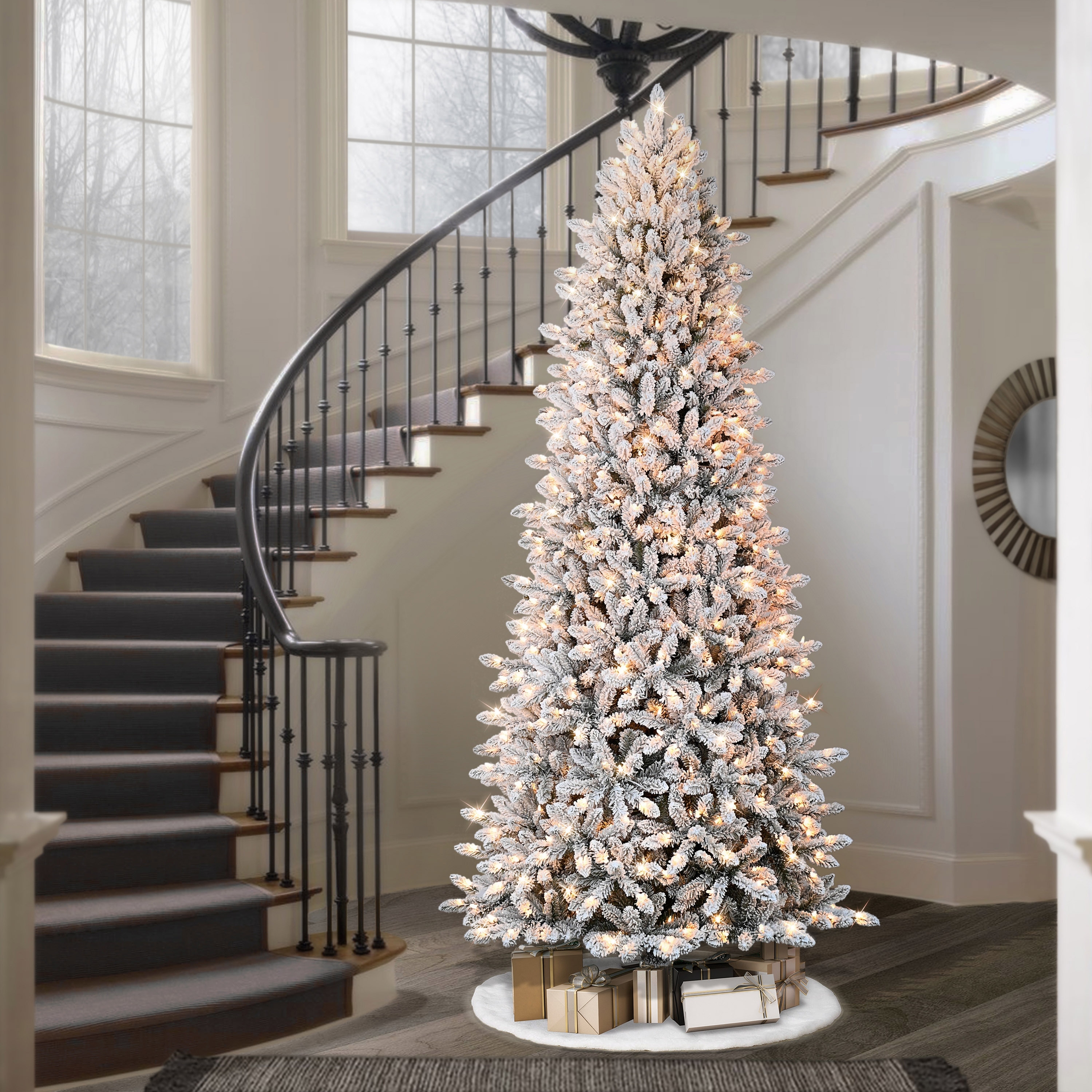 Puleo International 9' Pre-Lit Slim Flocked Fraser Fir Artificial Christmas Tree - 9