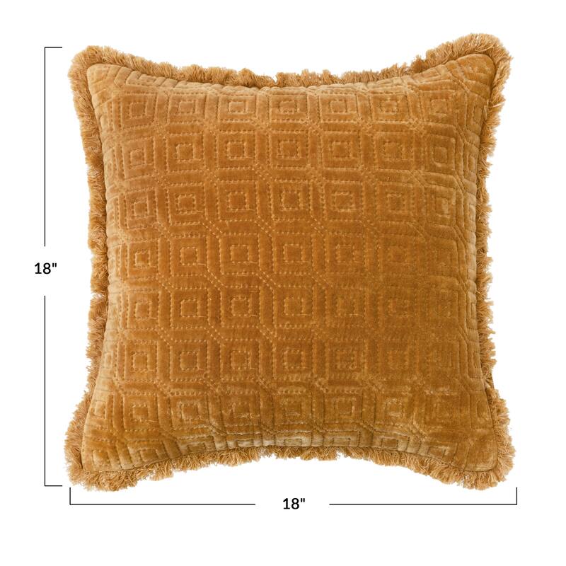 Cotton Velvet Throw Pillow with Geometric Quilting and Fringe