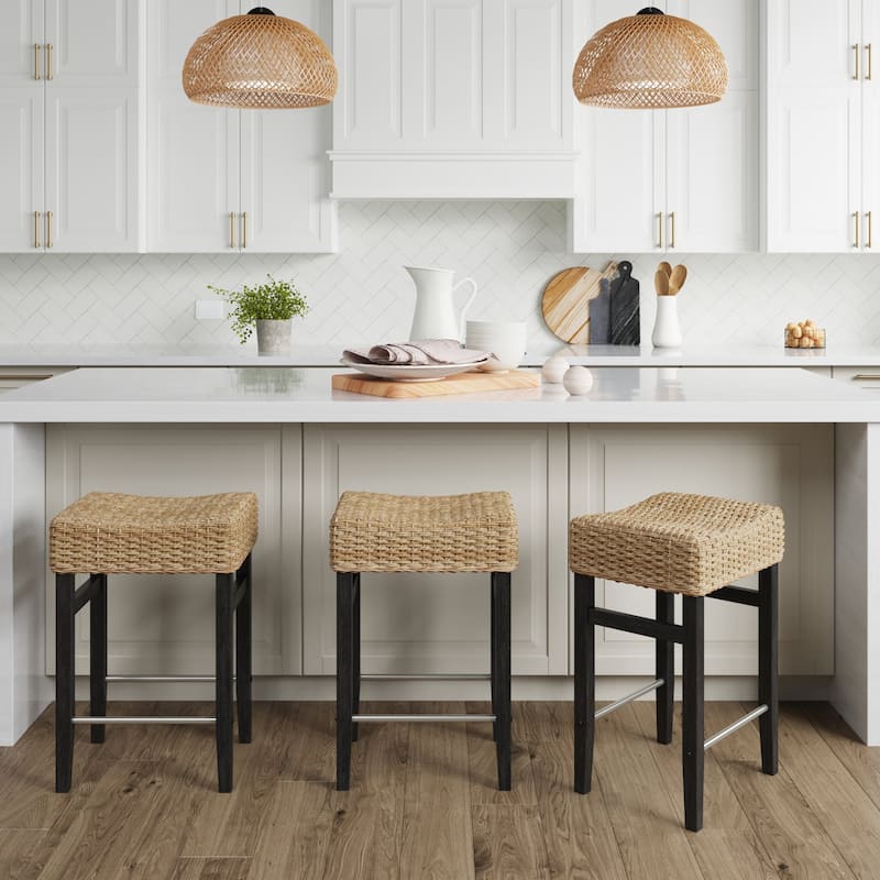 Harvey Rattan Bar Stool, Bohemian Counter Height Stool with Woven Seagrass Seat, Solid Wood Legs, and Metal Footrest
