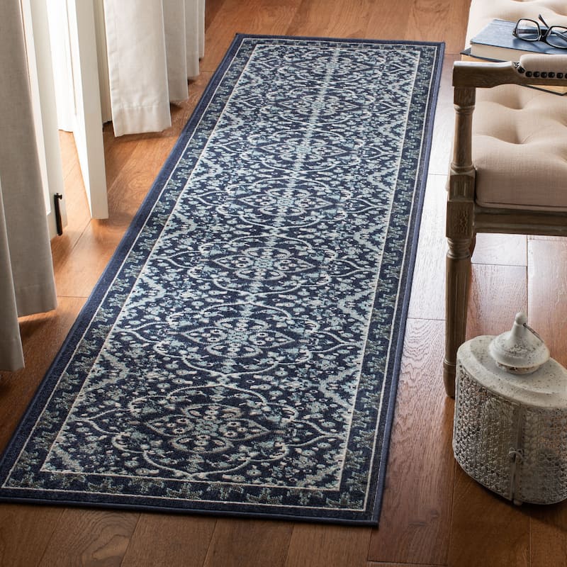 SAFAVIEH Montage Engeliene Indoor/ Outdoor Waterproof Patio Backyard Rug - 2'3" x 8' Runner - Navy/Ivory