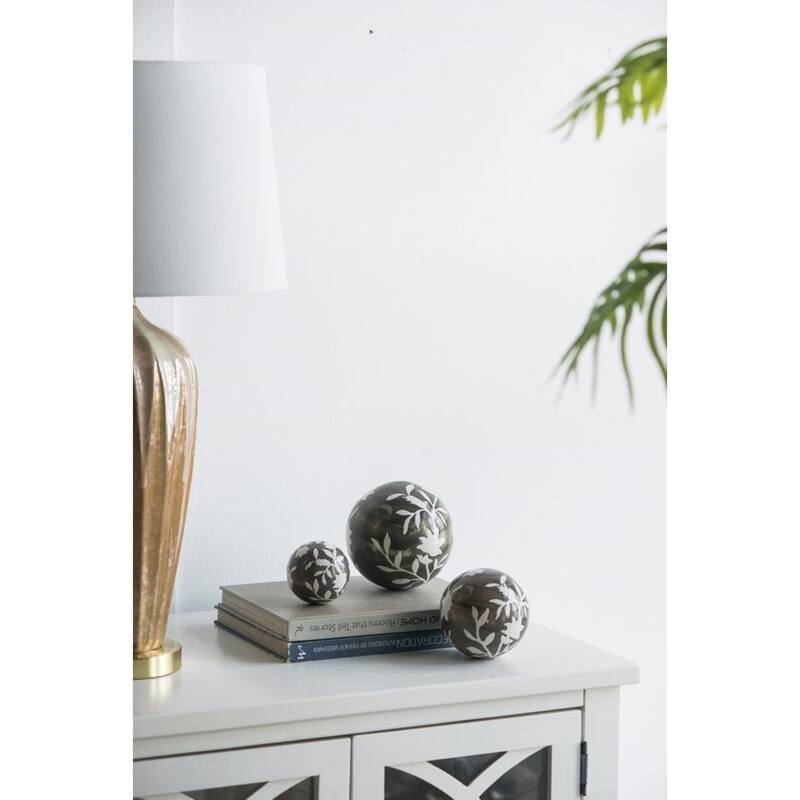 Floral and Leaf Orb Decorations - 5" - Brown and White - Set of 3