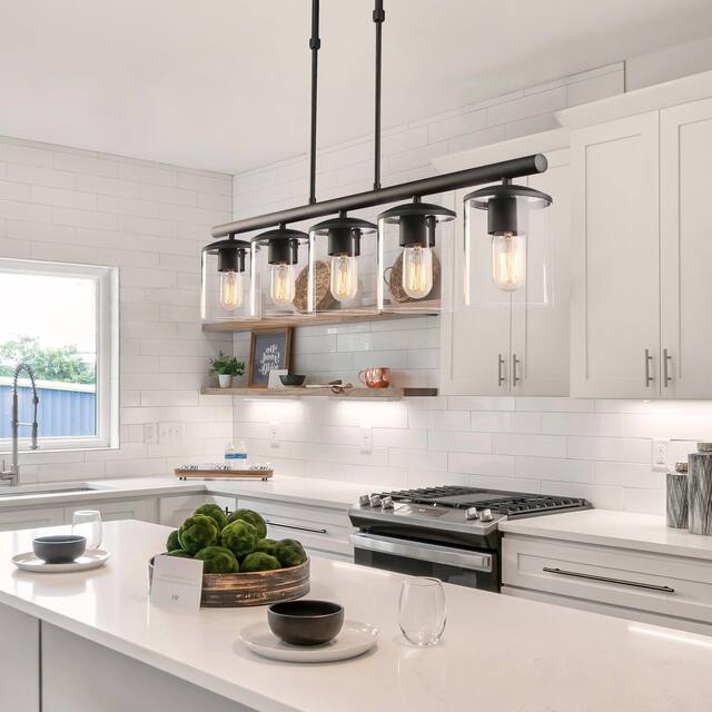 Modern Farmhouse 5-Light 36.8" Linear Clear Glass Island Black Chandelier for Dining Room