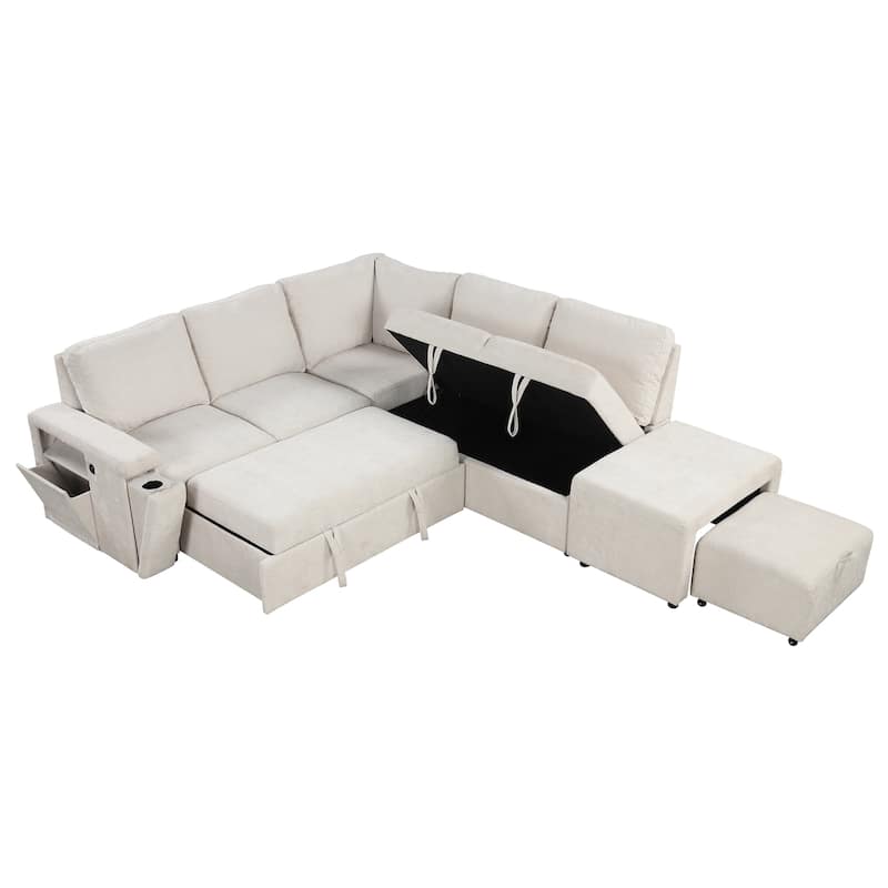 Convertible Sleeper Sectional Sofa with Pull-Out Bed & Storage, L-Shape Modular Sofa with Ottoman, USB Ports & Cup Holders