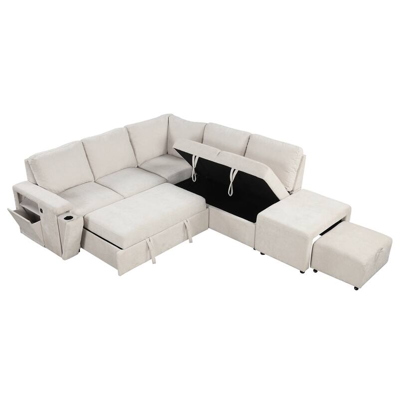 U_STYLE L-shaped Padded Modular Sofa with Storage Space, USB Ports, and Cup Holders on the Armrests, Suitable for Living Rooms,