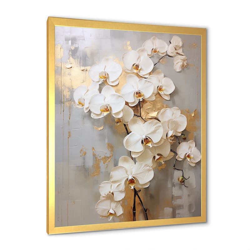Designart "Minimalism Beige And Gold Orchids IV" Orchids Framed Canvas Art Print