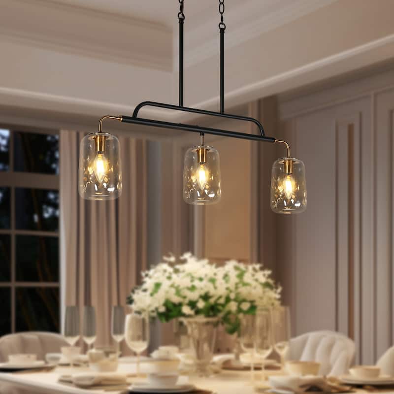 Modern 3-Light Glass Island Chandelier Linear Black Gold Pendant Lights - D 30.5" x H 22.8"