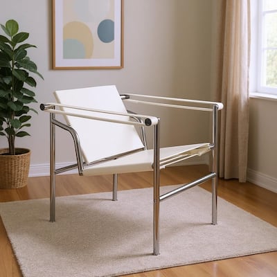 HomeRoots 24" White and Silver Faux Leather and Stainless Adjustable Back Arm Chair - 23.62 in. x 24.80 in. x 24.41 in.