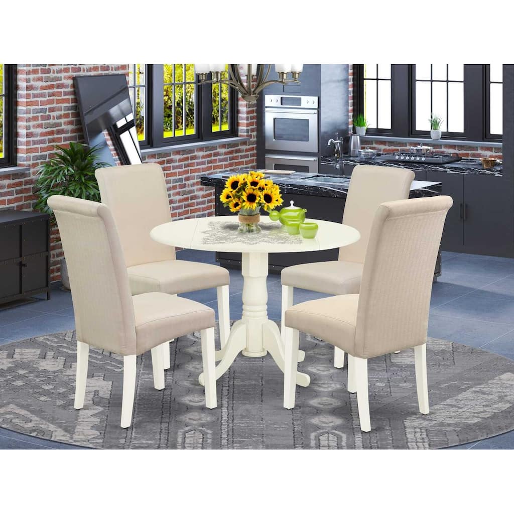 HomeStock 5-Piece Round Buttermilk & Cherry Finish Solid Wood Top Dining Table with 4 Parson Chair with Drop Leaf Lattice Back