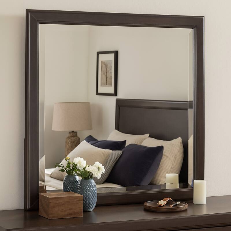 Amber Dresser Mirror, Brown Wood Frame, Beveled Mirror Glass, 38 Inch