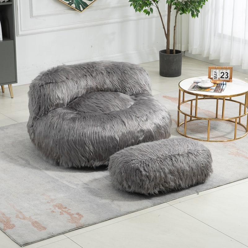 Plush Upholstered Round Comfort Lounger Bean Bag Chair with Ottoman - Grey