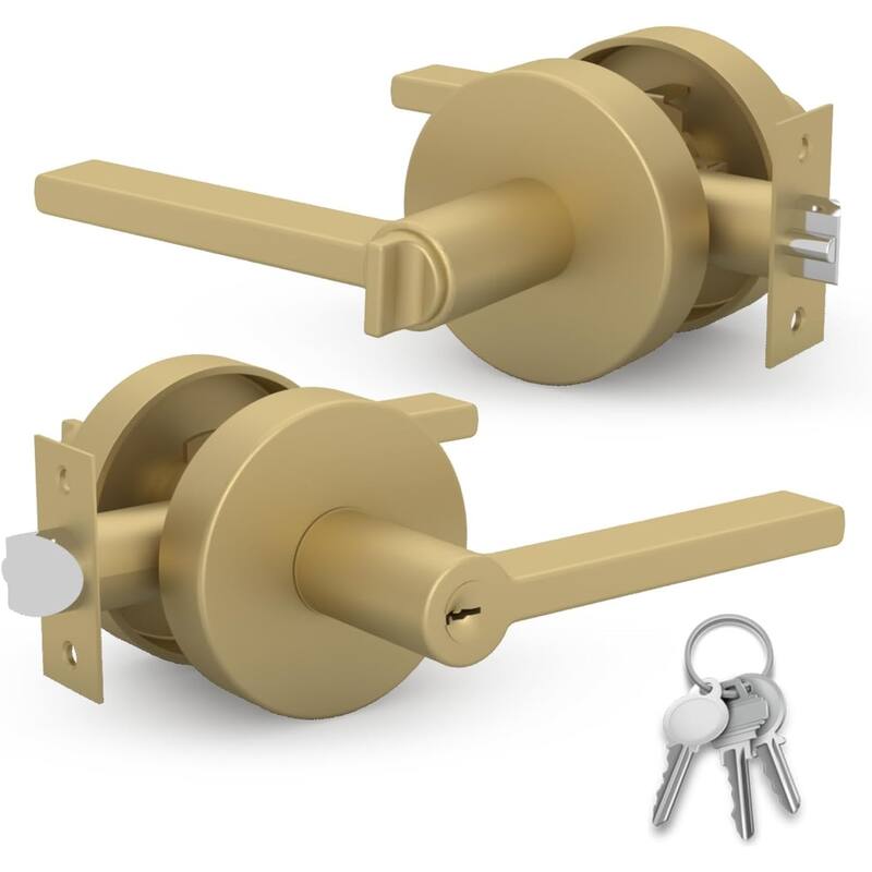 Mega Handles RALPH Entry Lever & Deadbolt Combo – Modern Stainless Steel Lock Set for Left/Right Doors, Square Rosette -  I Lever Door Lock Handle I Fits All Standard Door Sizes I Reversible Handing|Satin Brass