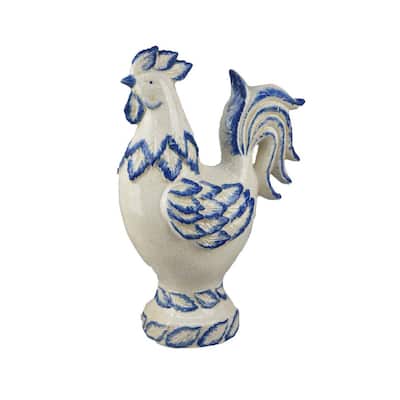 Modern Tabletop Decor Rooster Figurine, 16 Inch Blue White Ceramic