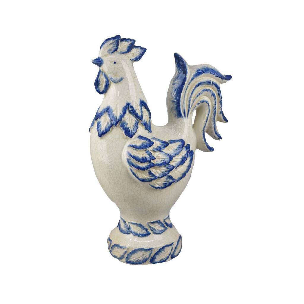 Modern Tabletop Decor Rooster Figurine, 16 Inch Blue White Ceramic