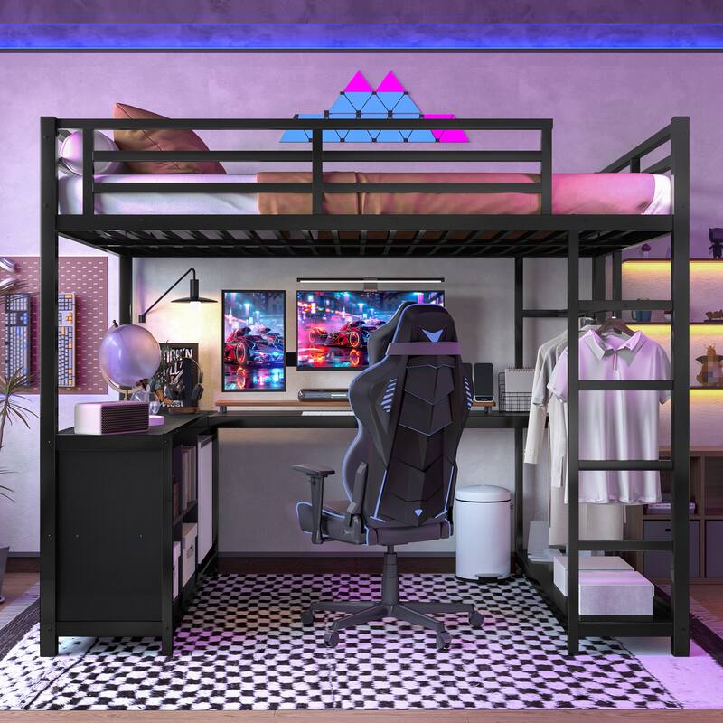 Full Size Metal Loft Bed with Wardrobe & L-shaped Desk with Storage Cubes and Shelves for Kids Teens Adults, Black